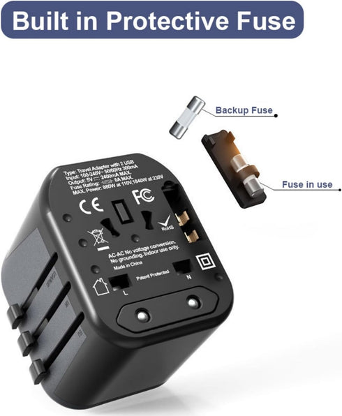 European Travel Plug Adapter, Black Universal Wall Charger with 2 USB A Ports 2.4A International Travel Adapter 5 Outlets LED Indicator for EU US ...