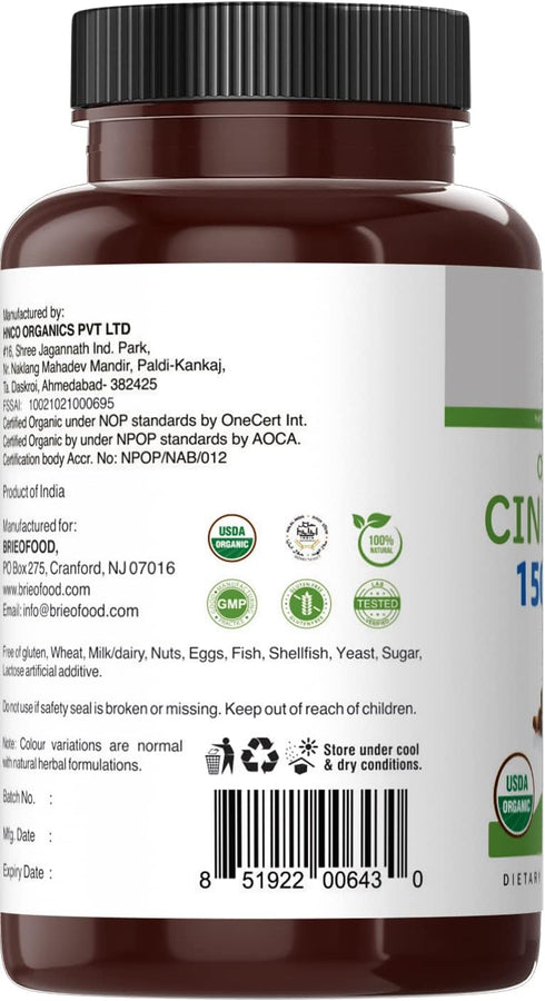 Brieofood Organic Cinnamon 1500mg, 45 Servings, Vegetarian, Gluten Free, 90 Vegetarian Tablets...