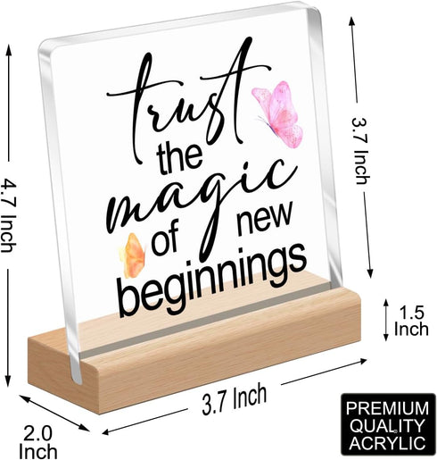 Inspirational Office Home Desk Decor,Trust the Magic of New Beginnings Motivational Sign Acrylic Plaque With Wooden Stand Sign Home Tabletop Offic...