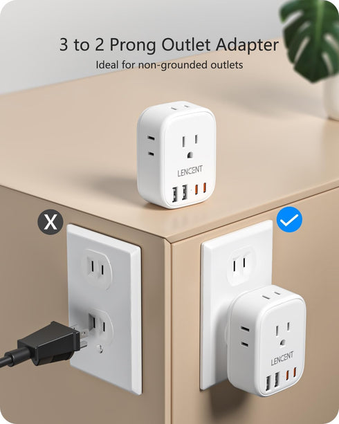 LENCENT 3 to 2 Prong Outlet Adapter, 2 Prong Outlet Extender, Wall Tap Plug Splitter with 4 AC Outlets 4 USB Charger Cube(2 USB C), Polarized Plug...
