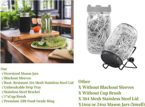 Lulonpon Sprouting Kit, 2 Sprouting Jar Kits, Wide Mouth Quart Mason Jars with Stainless Steel Screen Sprout Lids,1000ml, Stand and Canning Brush,...