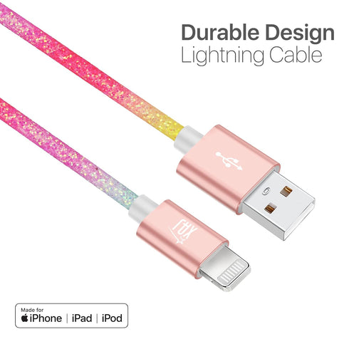 LAX Gadgets USB A to Lightning Cable - Glitter Apple MFI Certified Lightning Cable for iPhone, iPad, iPod - Durable Nylon Braided Fast Charging Ca...