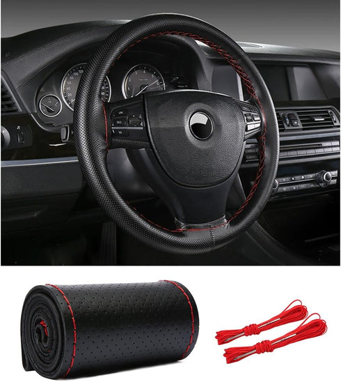 Car Stitch Steering Wheel Cover,Leather Steering Wheel Wrap with Needle and Thread,Anti Slip DIY Kit Steering Wheel Cover Men & Women for Car Inte...