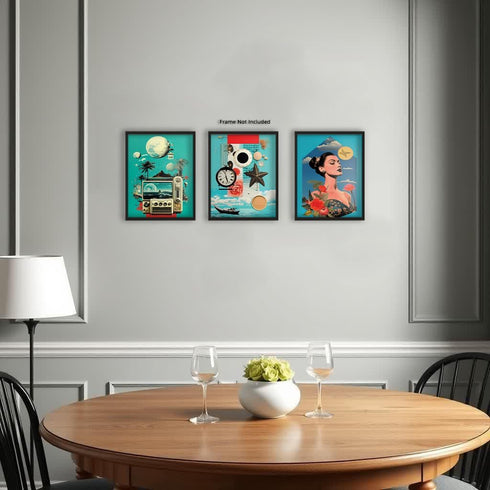 Posterizer 3 pcs-Beach Vibes Blue Themed Retro Collage-Abstract & Modern Art-Retro Art- Gift for Men Women Entrepreneur Teens-Decor for Beach Hous...