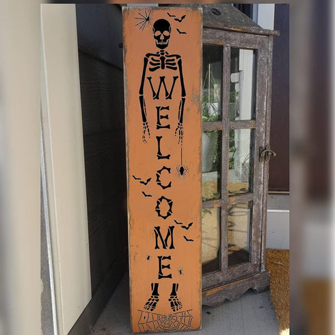 Skeleton Welcome Stencils with Spider Webs - Skeleton Stencil Templates for a Vertical Sign - Halloween Stencils for Painting on Wood, Canvas - Re...