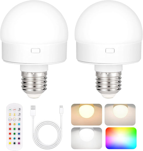 Rechargeable Battery Operated Light Bulb with Remote Control 2 Packs, 350LM Dimmable Detachable LED Bulb with 15 Colors Selectable & 3 Timer, Wire...