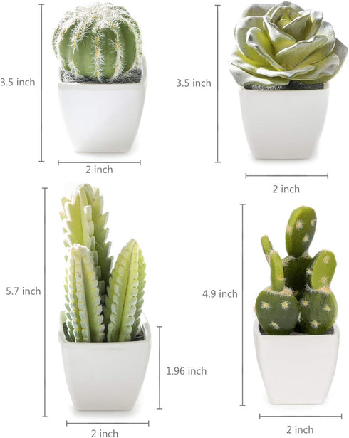 Artificial Mini Succulent & Cactus Plants in White Cube-Shaped Pots for Home Decor, Set of 4...