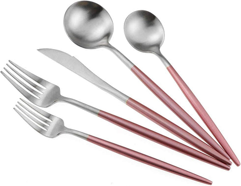 Gugrida Luxury Flatware, Royal 5 Piece Matte Pink Handle 18/10 Stainless Steel Tableware Sets for 1 Including Forks Spoons Knives, Camping Silverw...