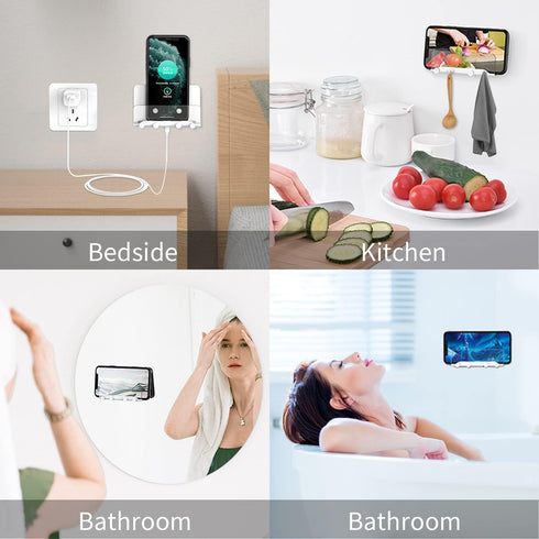 Clear Wall Mount Adhesive Phone Holder,Multi-Function Cell Phone Charging Brackets Holders,Hook for Living Room, Kitchen, Bathroom, Office,Compati...
