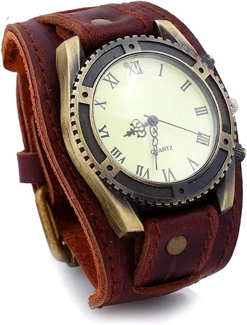 Vintage Retro Punk Men Wrist Watch Bronze Big Face Dial Wide Genuine Leather Band Cuff Quartz Watches...