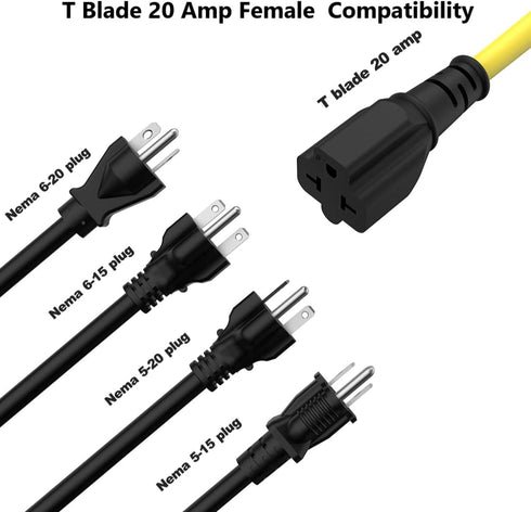 1-FT 15 Amp Household AC Plug to 20 Amp T Blade Adapter Cable 12AWG Nema 5-15P to 5-20R,5-15P to 6-15R/20R 20-Amp to 15-Amp Plug-Adapter Cord,Heav...