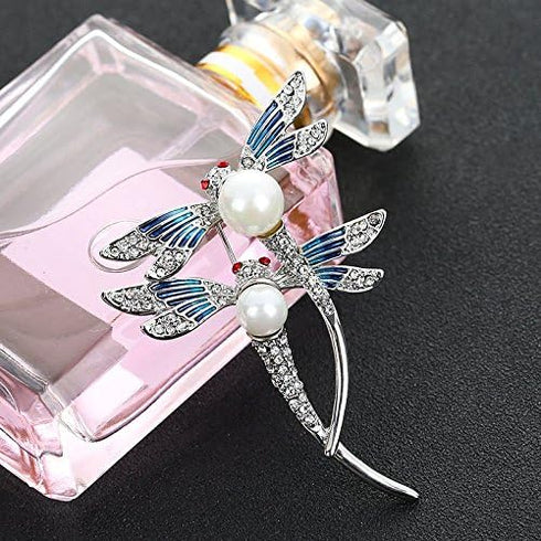 WLLAY Silver Tone Couple Dragonfly with White Pearl Brooch Blue Enamel Insect Pin Broach...