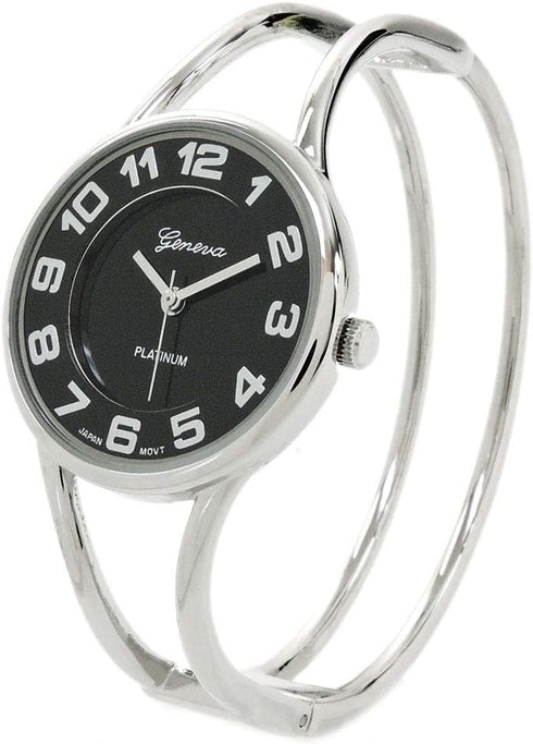 STC Silver Black Round Face Metal Double Band Fashion Women's Bangle Cuff Watch...