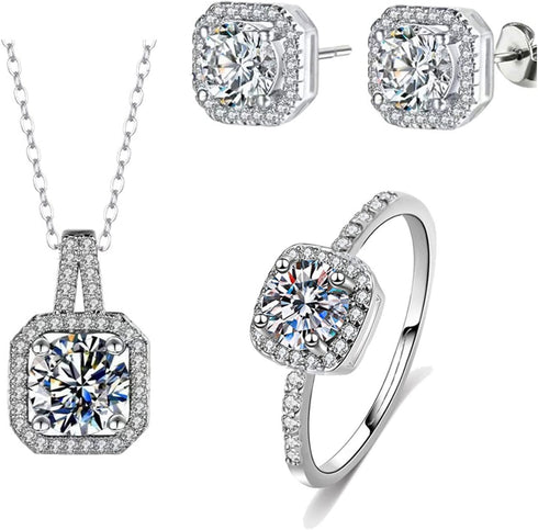 4 Pieces Fashion Shiny Square Zircon Crystal Pendant Necklace Earring Ring Jewelry Set for Women Wedding Party Prom Holiday Gifts...