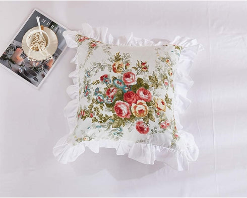 FADFAY Rose Floral Throw Pillow Covers 18x18 Set of 2 Flowers Pillow Cushion Cases Cotton Cushion Covers White Ruffle Decorative Throw Square Pill...
