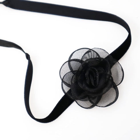 Black Choker Camellia Flower Lace-up Necklace For Women...