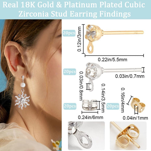 Beebeecraft 1 Box 40Pcs 2 Colors Post Studs Earrings with Loop 18K Gold & Platinum Plated Cubic Zirconia Stud Earring Findings and 40Pcs Butterfly...