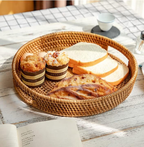 YANGQIHOME Rattan Round Serving Tray, Decorative Coffee Table Tray, Hand Woven Serving Basket with Handles, Ottoman Wicker Fruit/Bread Serving Bas...