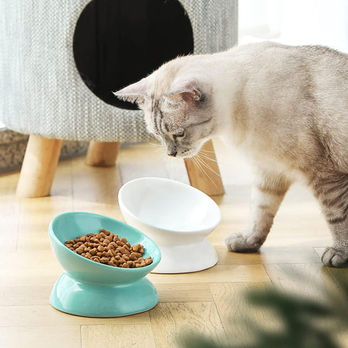 Sweejar Ceramic Raised Cat Bowls, Slanted Cat Dish Food or Water Bowls, Elevated Porcelain Pet Feeder Bowl Protect Cat's Spine, Stress Free, Backf...