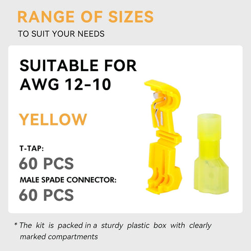 120PCS/60 Pairs T-Tap Quick Splice Disconnect Wire Terminals Spade Wire Connectors Yellow 12-10 AWG Male Female Fully Insulated Electrical Car Aut...