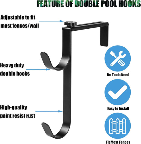 2Pack Double Pool Pole Hooks, Adjustable Pool Fence Hooks for Pool Equipment, Metal Vinyl Fence Hooks for Pool Skimmer Net Pole Hose Garden Tools...