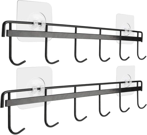 YiZhi Adhesive Wall Hooks Rack Kitchen Rail, Space Saving Utensil Holder No Drilling Wall Mounted Accessory Hanger with 6 Hooks for Kitchen Bathro...