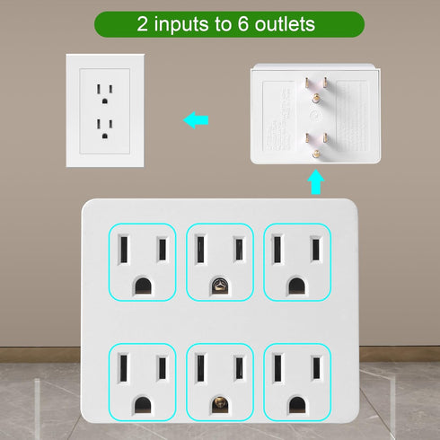 6 Outlet Wall Adapter, FiiMan UL Listed 3-Prong Grounded Outlet to The Side, Wall Plug Side Access Adapter, 6 Way Outlet Extender Tap, White (1 Pa...