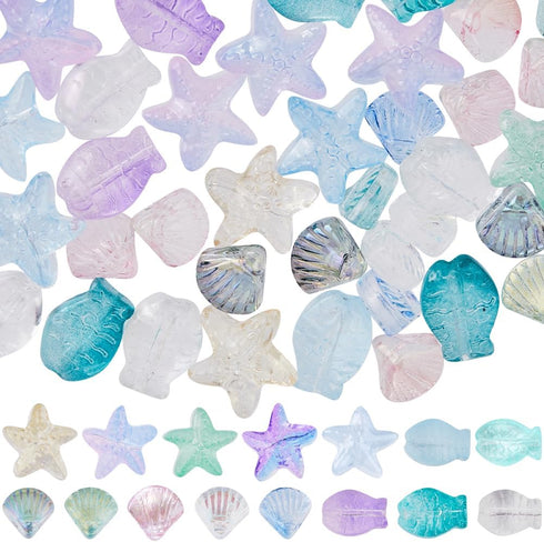 SUNNYCLUE 1 Box 150Pcs Starfish Beads Fish Glass Beads Sea Shell Beads Bulk Blue Pink Green Summer Ocean Animal Charms Beads Double Sided Loose Sp...