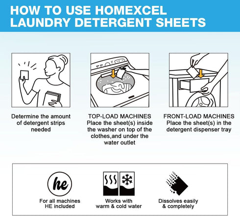 HOMEXCEL Laundry Detergent Sheets Fragrance Free Eco-Friendly, 50 Count, Plastic-Free, Hypoallergenic, Low-Foam, Suitable for HE Washing Machines...