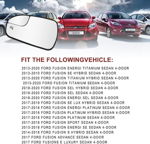 Left Driver Side Heated Mirror Glass Replacement For 2013-2020 Ford Fusion - For Ford Fusion Driver Mirror Glass With Rear Holder, Replace DS7Z17K...
