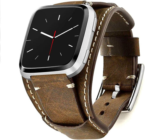 Compatible with Fitbit Versa 2 Bands, Genuine Leather Cuff Bracelet Replacement Strap with Stainless Steel Buckle Compatible Fitbit Versa/Versa 2/...