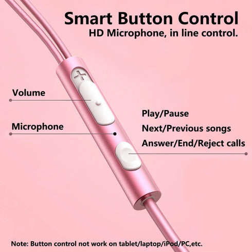 Rose Gold Earbuds, Girls Pink Earphones Wired with mic, Volume Control in Ear Headphones 3.5mm for Smartphones Mp3 Tablet Laptop...