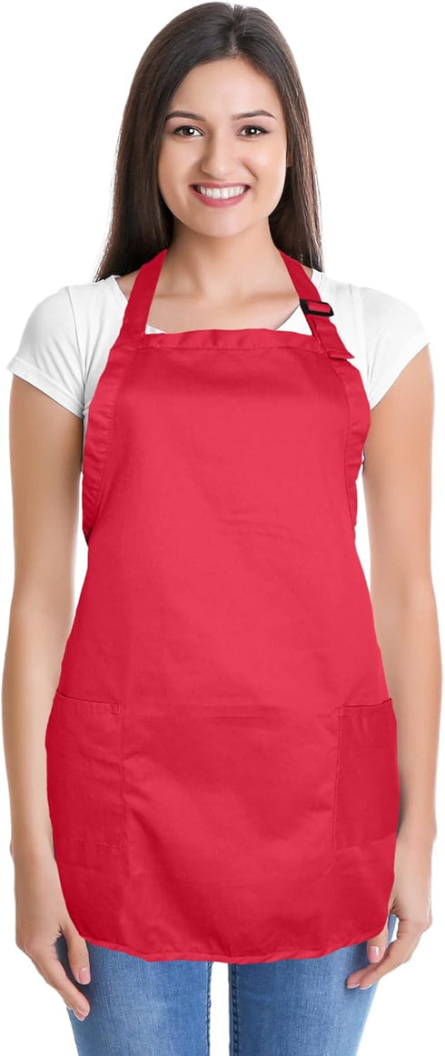 DALIX Apron Commercial Restaurant Home Bib Spun Poly Cotton Kitchen Aprons (2 Pockets) in Red...