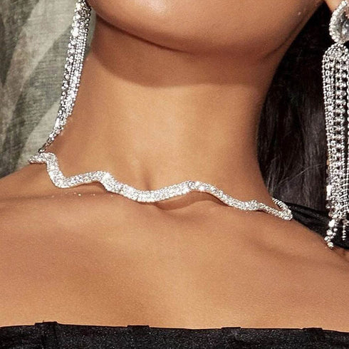 Rhinestone Choker Necklace Silver Crystal Necklaces Fashion Water Ripple Clavicle Chain Party Sparkly Adjustable Chain Jewerly for Women and Girls...