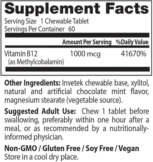 Doctor's Best Chewable Fully Active B12 Chocolate Mint Flavor, Memory, Mood, Circulation & Well-Being, 1,000mcg, 60 Tablets...