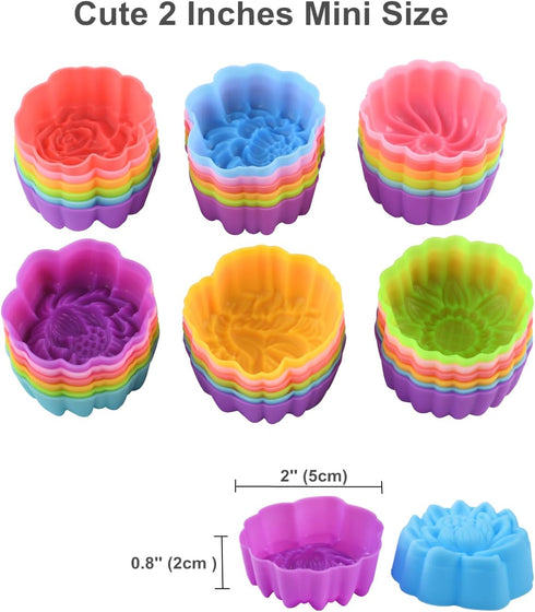 Reusable Silicone Baking Cups, 2 Inch Mini Size Silicone Cupcake Liners for baking, Multi Flower Shapes reusable Muffin Liners, Pack of 36, Multic...