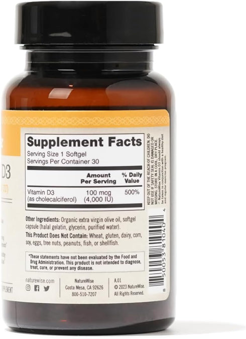 NatureWise Vitamin D3 4000iu (100 mcg) Healthy Muscle Function, and Immune Support, Non-GMO, Gluten Free in Cold-Pressed Olive Oil, Packaging Vary...