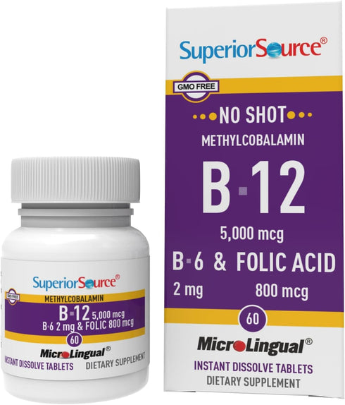 Superior Source No Shot Vitamin B12 Methylcobalamin (5000 mcg), B6, Folic Acid, Quick Dissolve Sublingual Tablets, 60 Ct, Increase Energy, Healthy...