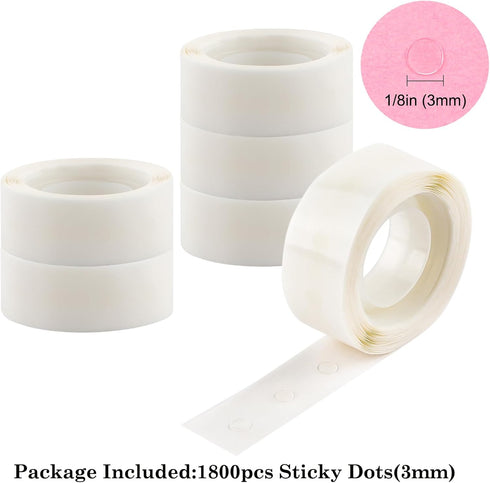 1800 Pcs 1/8in (3mm) Clear Mini Glue Point Dots,6 Roll Double Sided Self-Adhesive Dots Stickers for Craft,Ultra Thin Adhesive Dots,Permanent Stick...