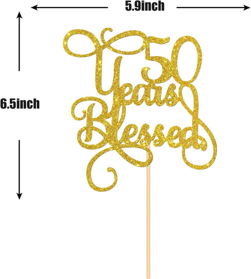 Gold Glitter 50 Years Blessed Cake Topper - for 50th Wedding Anniversary / 50th Anniversary Party / 50th Birthday Party Decorations...