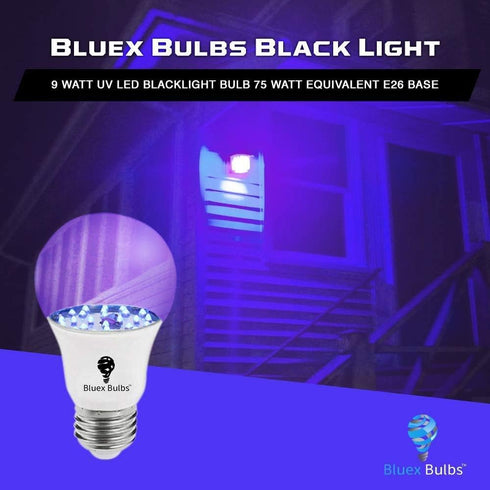 Bluex Bulbs 2 Pack LED Black Light Bulb, 9W A19 E26 Blacklight Bulb Level 385-400nm, Body Paint, Glow in The Dark LED Light Bulb Neon Glow Fluores...