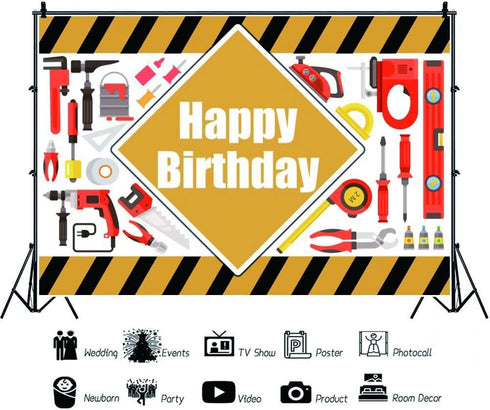 Construction Tools Theme Happy Birthday Backdrop for Boy 7x5ft Vinyl Tool Encyclopedia Engineering Genius Yellow and Black Stripes Background Kids...