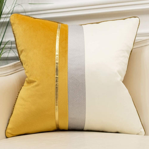 Avigers 18 x 18 Inches Yellow White Gold Leather Striped Patchwork Velvet Cushion Case Luxury Modern Throw Pillow Cover Decorative Pillow for Couc...