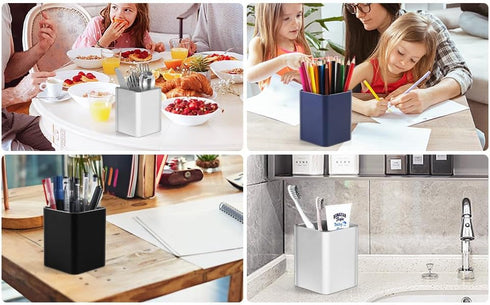 Metal Pen Holder for Desk Square Aluminum Desktop Organizer and Makeup Brush Holder Storage Box for Office, School, Home, and Kids, Non-slip silic...
