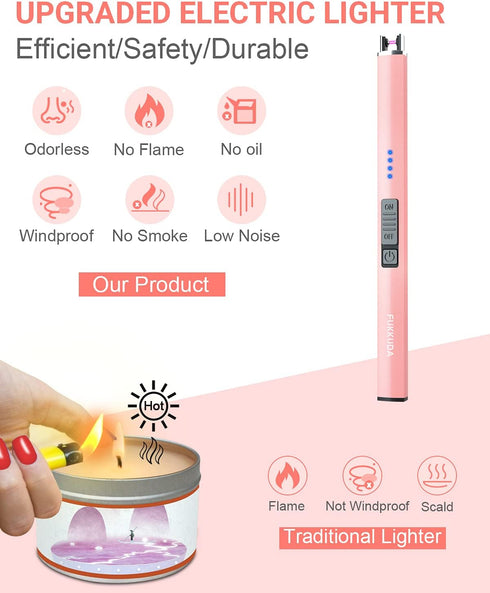 FUKKUDA Electric Candle Lighter with Safety Switch - USB Rechargeable Windproof & Flameless Plasma Arc Lighter for Easter Basket Stuffers (Rose Go...