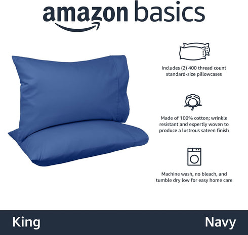 GiveAbay Basics 400 Thread Count Cotton Pillow Cases, King, 40" L x 20" W, Navy - Set of 2, Pillows Not Included...
