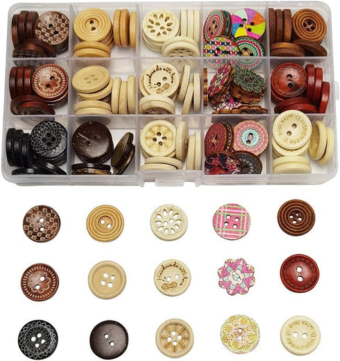 Libiline 150pcs of 15 Styles in Box New Wood Button Craft Clothe Sewing Decor … (Mix, 20mm(3/4"))...