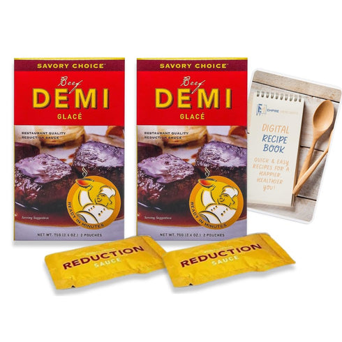 Savory Choice Beef Demi Glace Reduction Sauce Pack of 2 Bundle with Digital Recipe Book, 5.2 oz total Low Calorie, Gluten Free, Clean Label, Resta...