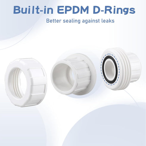 2 Pack 1/2" PVC Pipe Union Fittings PVC Adapter with EPDM O-Ring White 1/2 Inch Slip Union Coupling Adapter Schedule 40 for Irrigation, Pool & Spa...