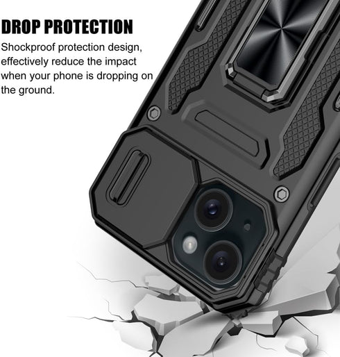 for iPhone 15 Plus Case, Shockproof Phone Case & Sliding Camera Cover & Ring Holder Kickstand with Screen Protector for Apple iPhone 15 Plus (6.7"...